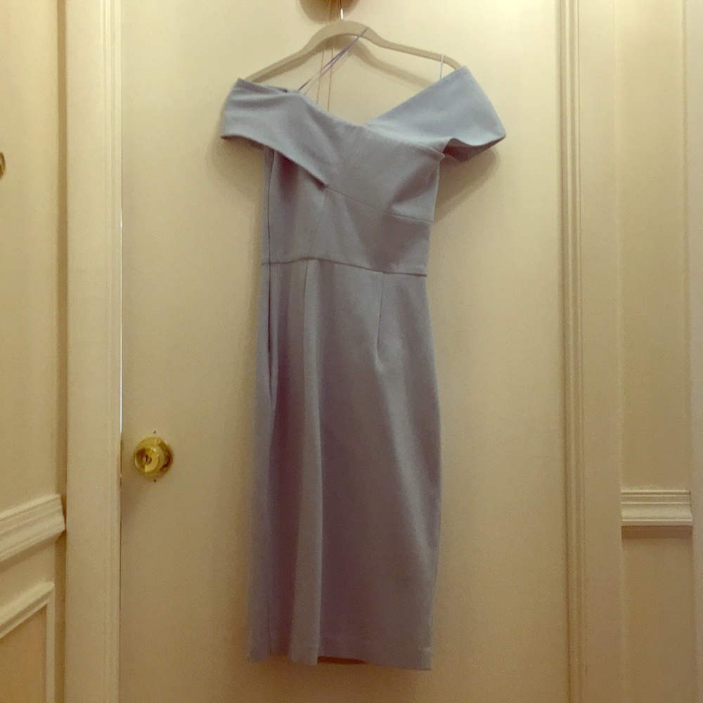 Nicholas light blue off shoulder Ponte Slit dress